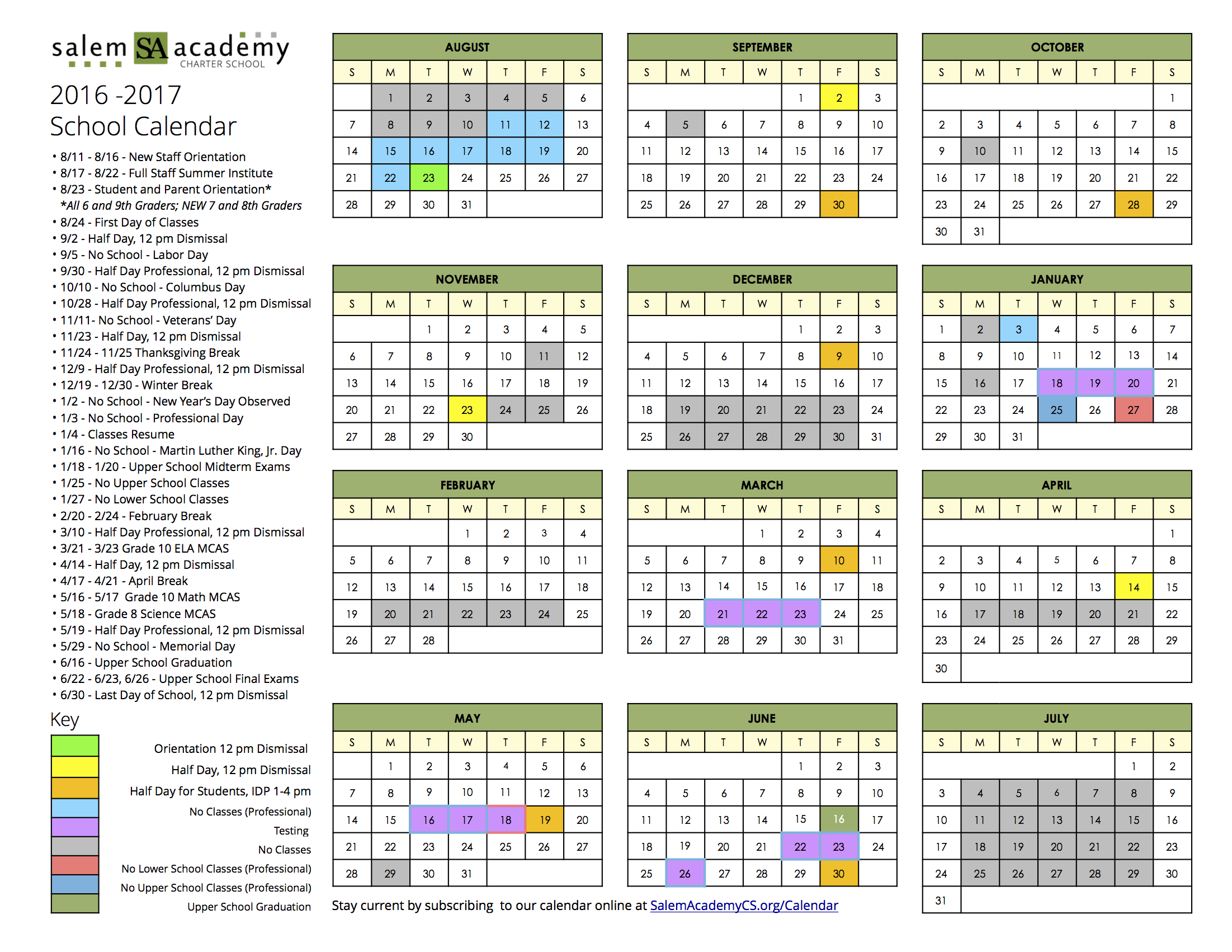 School Calendar 2016 17 Salem Academy Charter School
